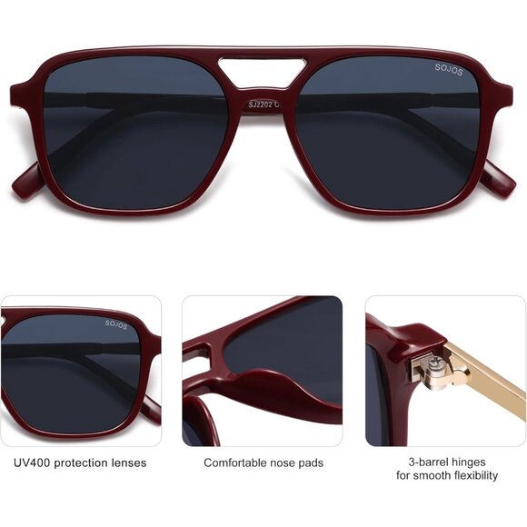 Sojos Women Mens Red Frame Trendy Rectangle Retro Aviator Shades Sunglasses - Picture 4 of 6